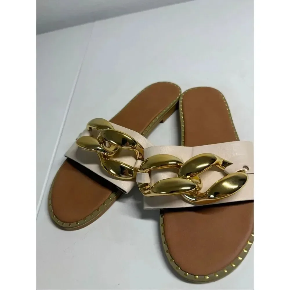 Women's Faux Leather Flat Slippers Metallic Plastic Chains Sandals Sz 38EU/8US